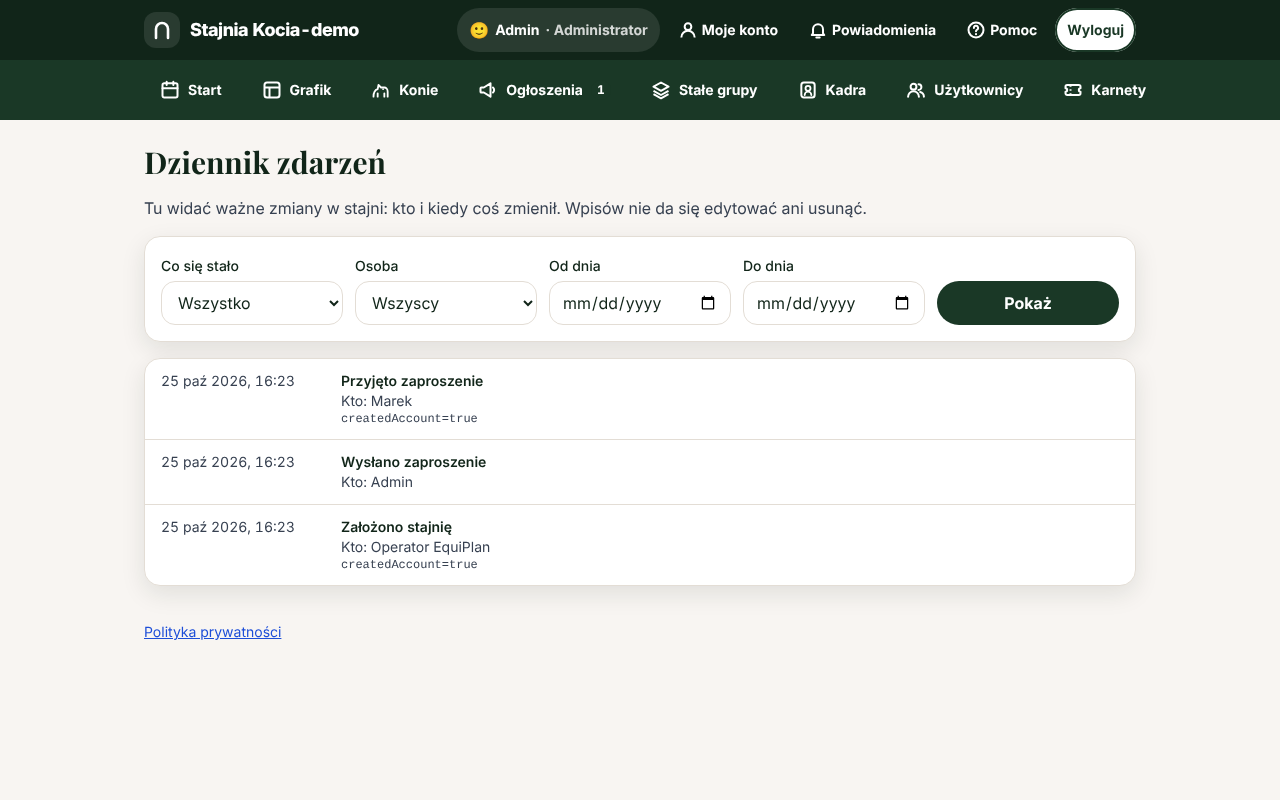 Strona „Dziennik zdarzeń”: filtry rodzaju zdarzenia i daty oraz lista wpisów „kto, kiedy, co zmienił”.