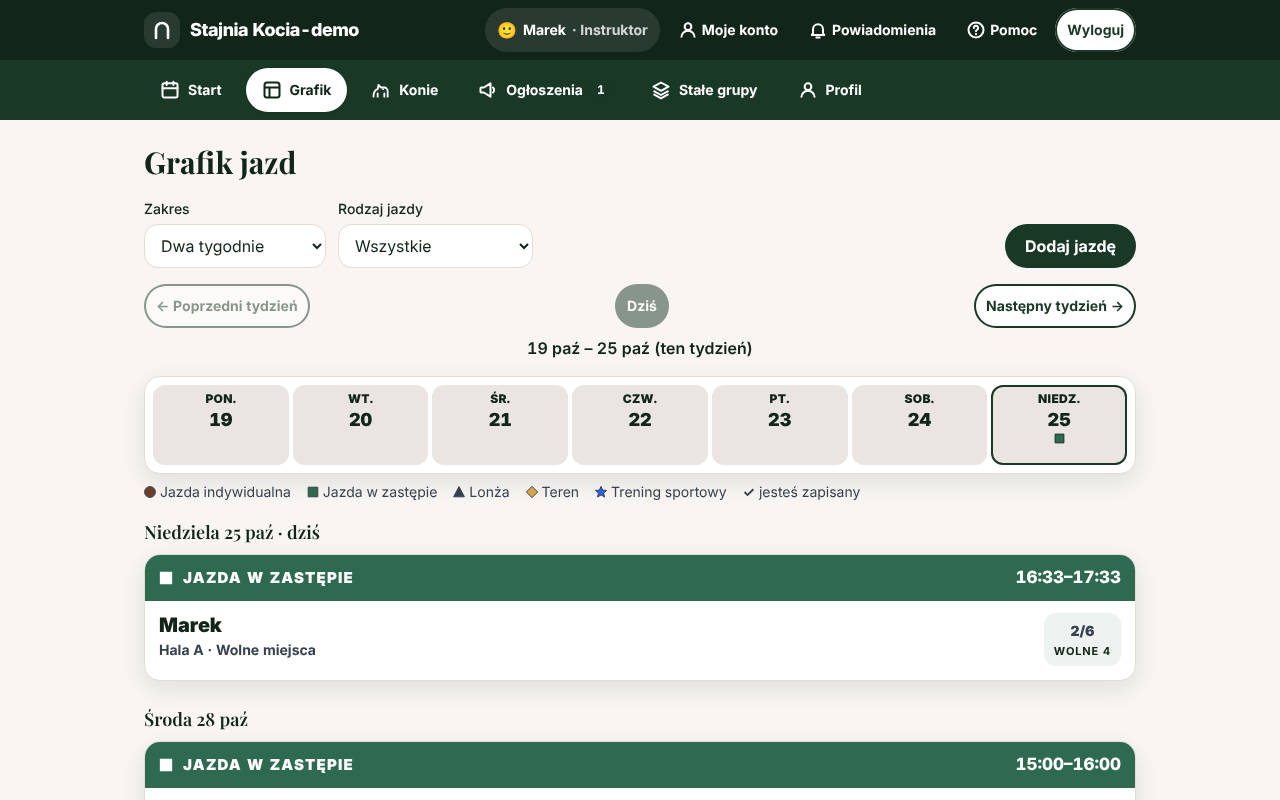 Zakładka „Grafik jazd” z polami „Zakres” i „Rodzaj jazdy”, przyciskiem „Dodaj jazdę”, przyciskami „Poprzedni tydzień”, „Dziś” i „Następny tydzień”, paskiem tygodnia i listą jazd pogrupowaną dniami.