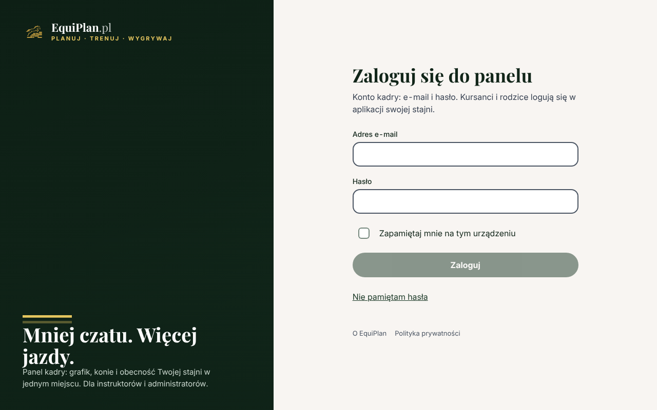 Ekran „Zaloguj się do panelu” z podpisem „Zarządzanie stajnią dla kadry”: pola „Adres e-mail” i „Hasło”, pole wyboru „Zapamiętaj mnie na tym urządzeniu”, przycisk „Zaloguj” i link „Nie pamiętam hasła”.